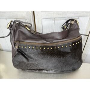 Aqua Madonna Brown Leather & Calf Hair Studded Hobo Shoulder Bag Purse